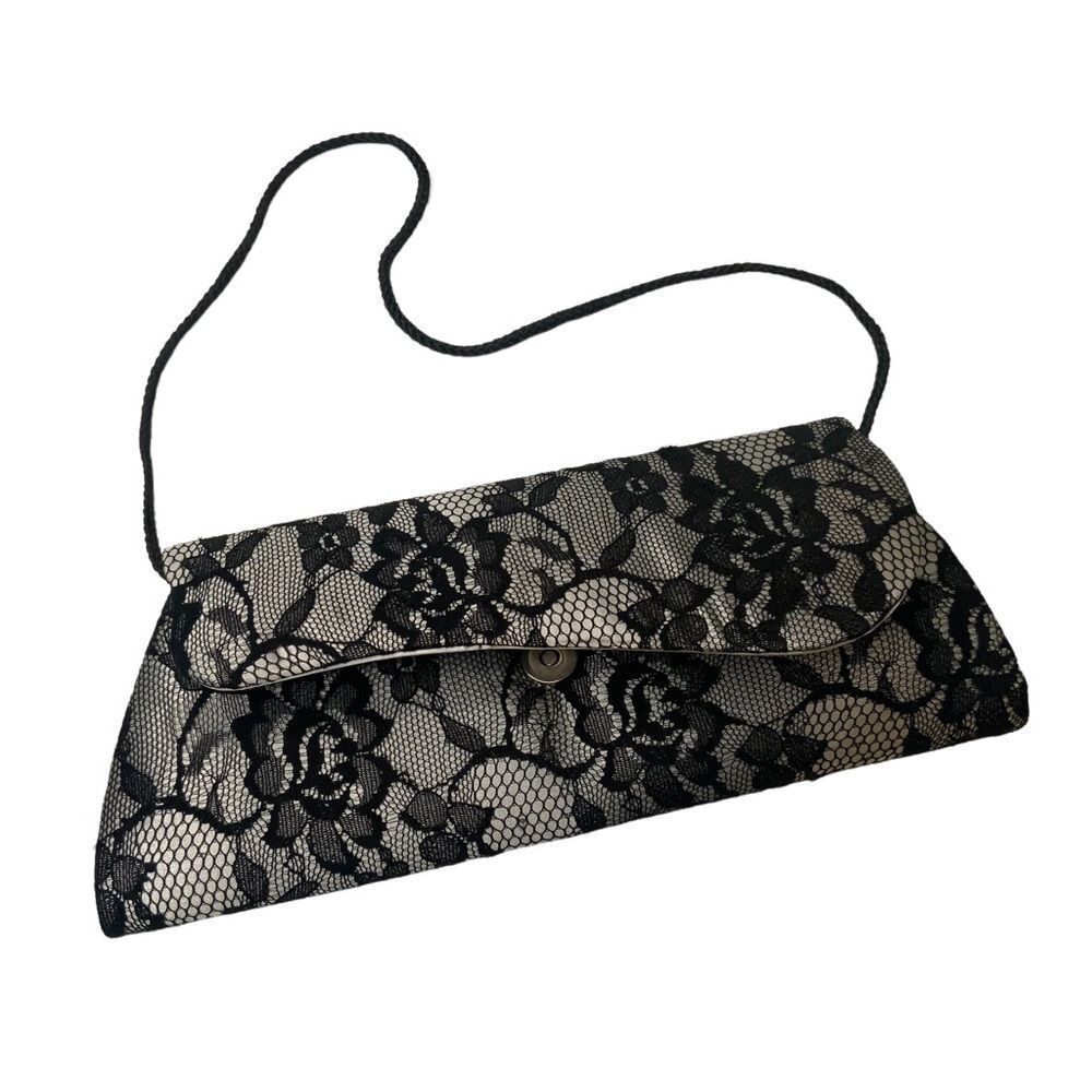 Vintage Gunny Sax Jessica McClintock Black Lace Silver Lining Clutch Handbag